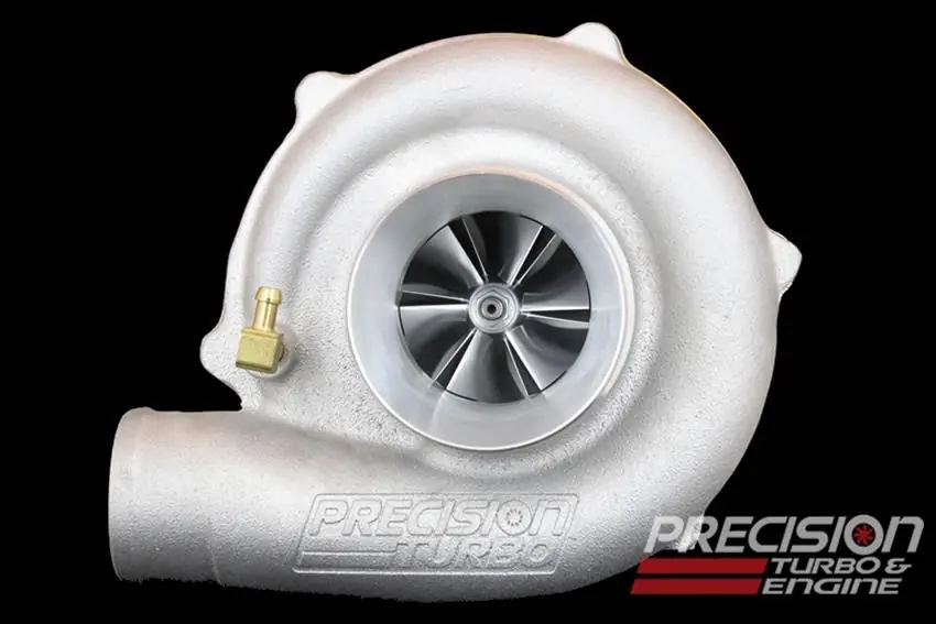 Precision Turbo PT5831, 58.16mm Inducer Size, 56.59mm Exducer Size, 0.48 A/R, T3 Inlet, 5 Bolt Outlet, Journal Bearing, Oil Cooled, Each
